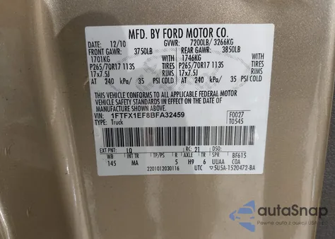2011 Ford F-150 Xlt from USA, damaged, VIN 1FTFX1EF8BFA32459
